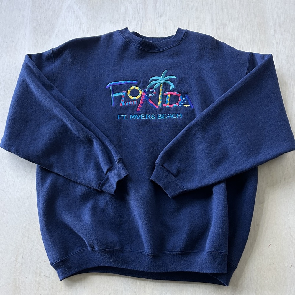 Vintage Florida Sweatshirt Womens XL Blue Ft Myers Beach Embroidered Fleece